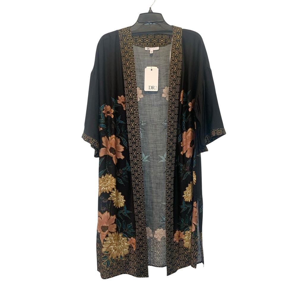 Women's DR2 By Daniel Rainn Floral Kimono Open Front Duster Black Size S/M